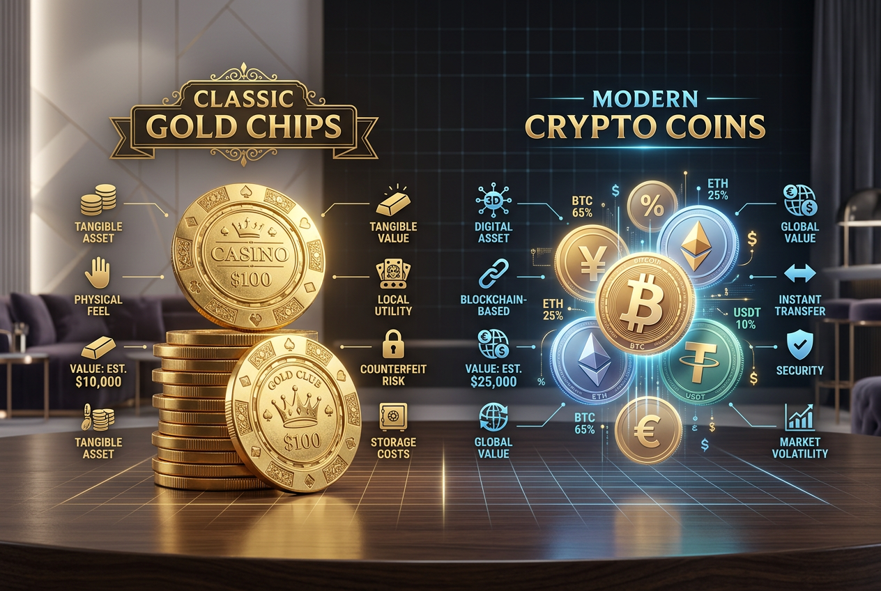 Infografika porównująca bonusy i kryptowaluty w kasynach