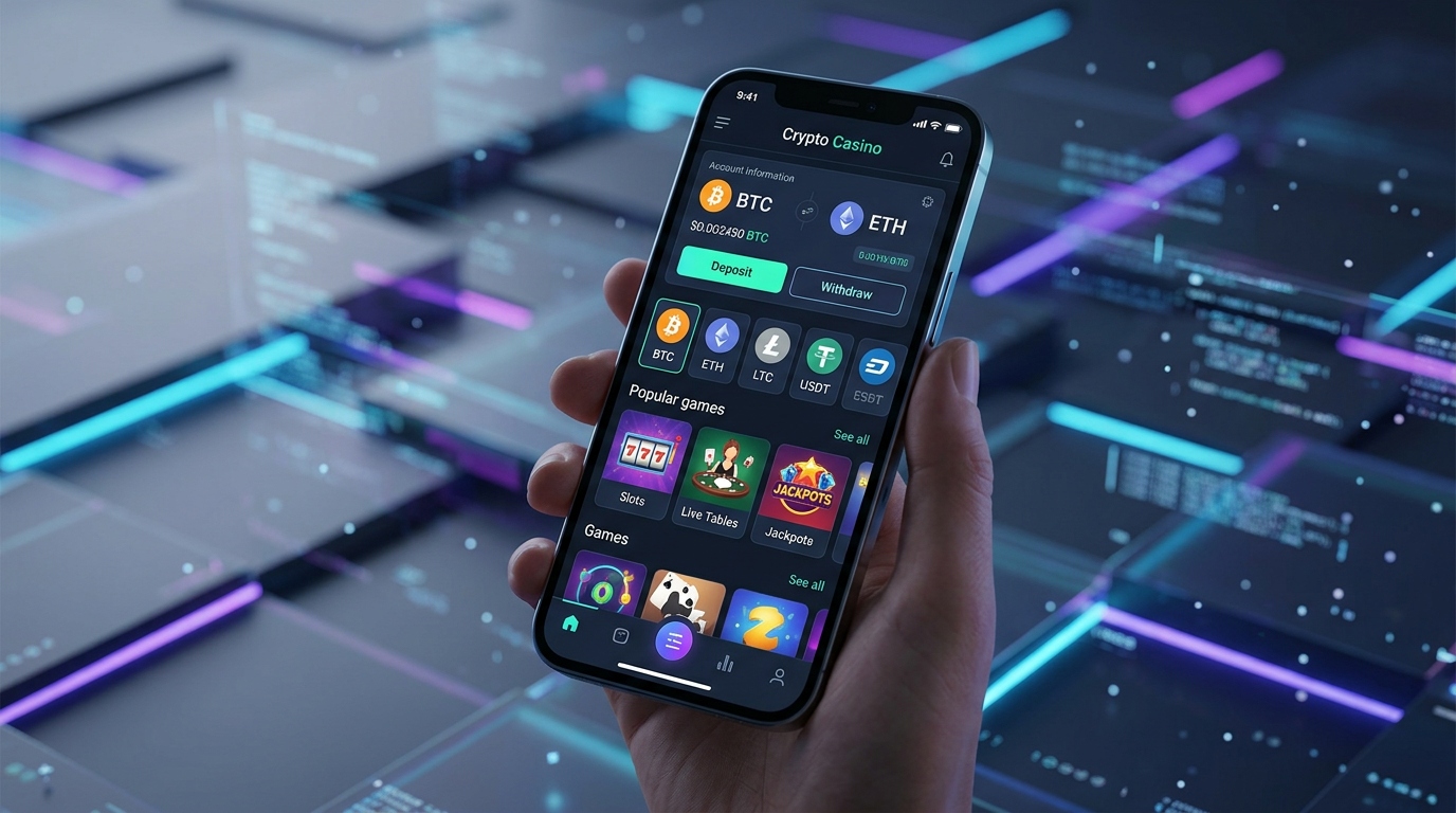 Nowoczesny interfejs kasyna krypto na ekranie smartfona z logotypami Bitcoin i Ethereum