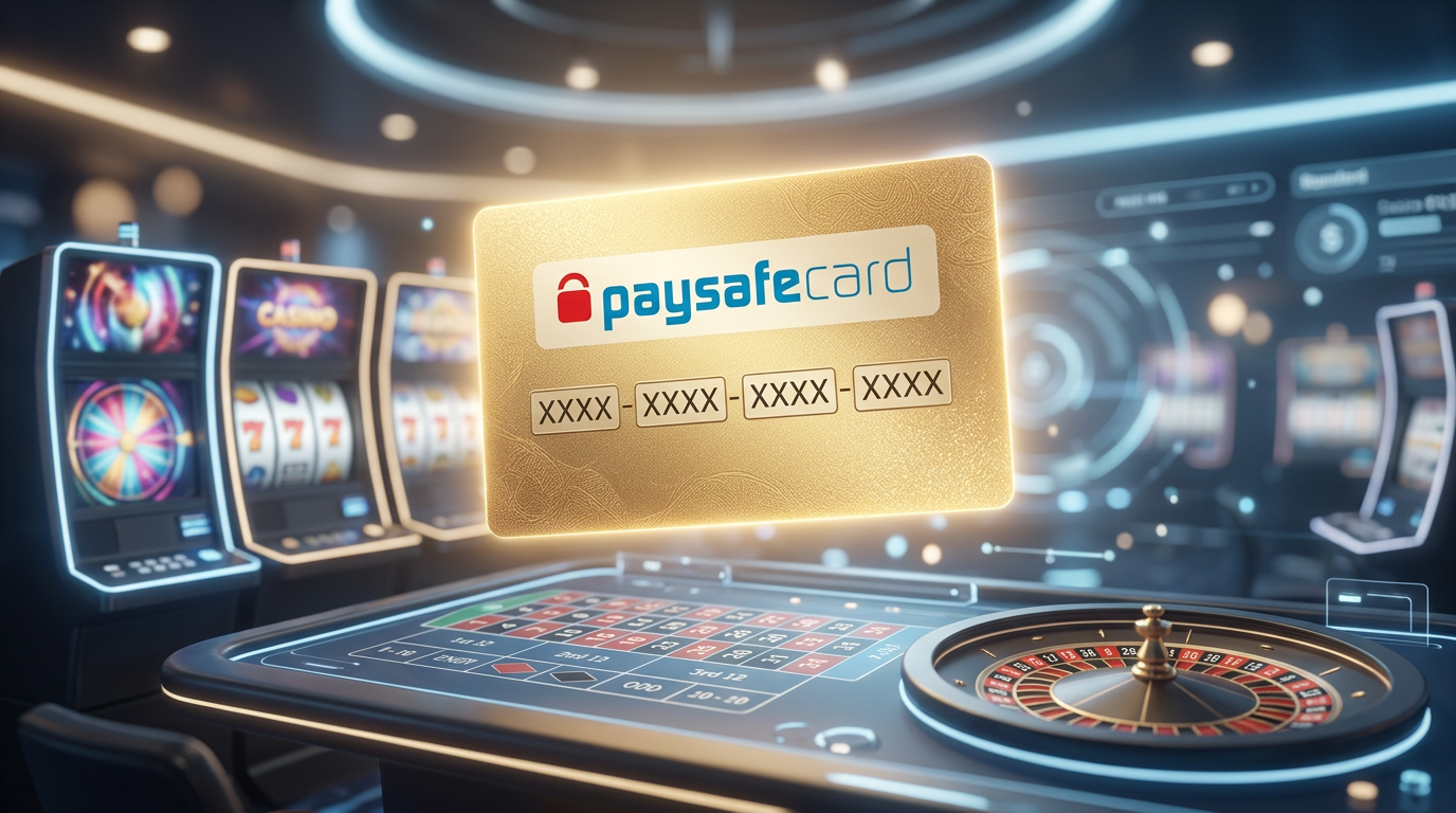 Złoty kupon Paysafecard nad wirtualnym stołem kasynowym symbolizujący bezpieczne płatności.
