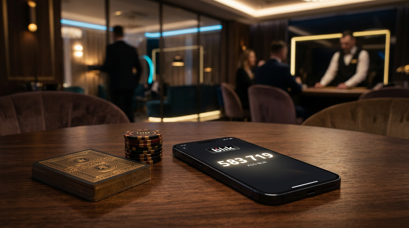 Smartphone z kodem BLIK na stole w eleganckim kasynie