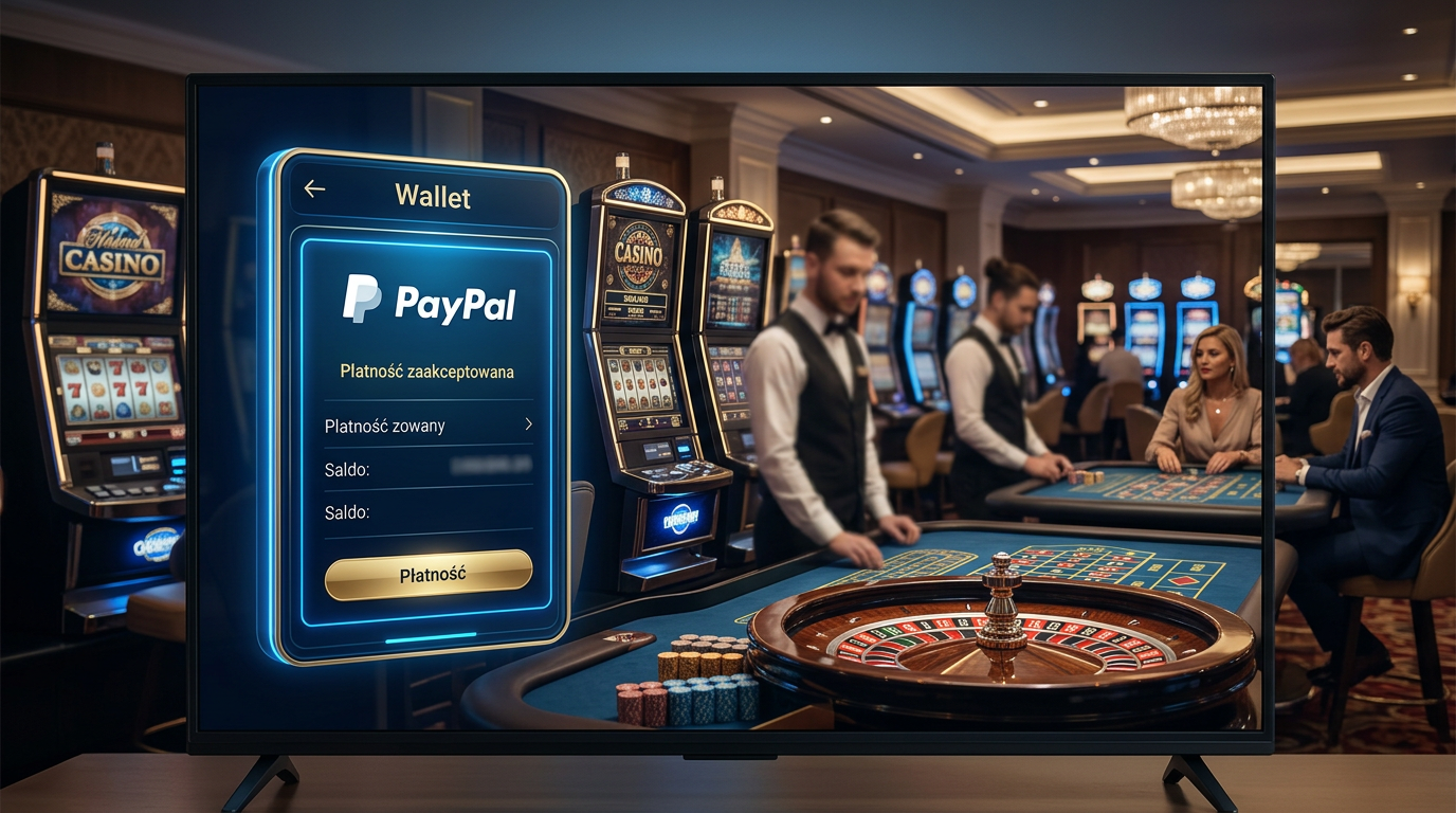 Logo PayPal i gry kasynowe na cyfrowym tle
