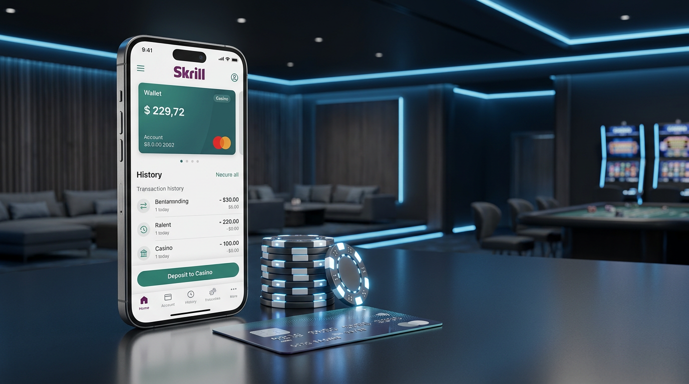 Smartfon z aplikacją Skrill i żetony kasynowe na nowoczesnym tle.