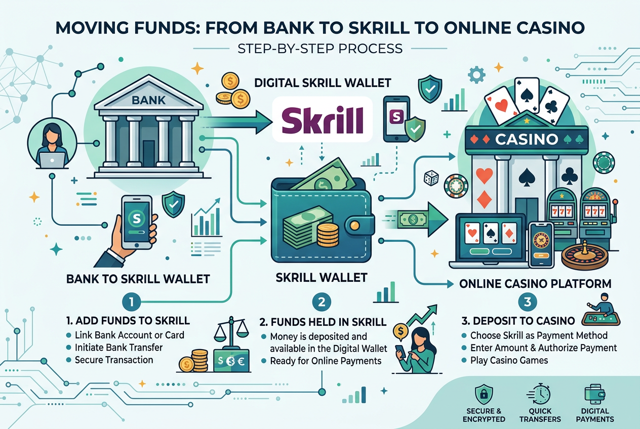 Infografika pokazująca proces transferu pieniędzy z banku do kasyna przez portfel Skrill