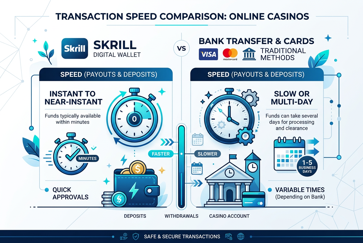 Infografika porównująca szybkość wypłat Skrill z przelewami bankowymi i kartami